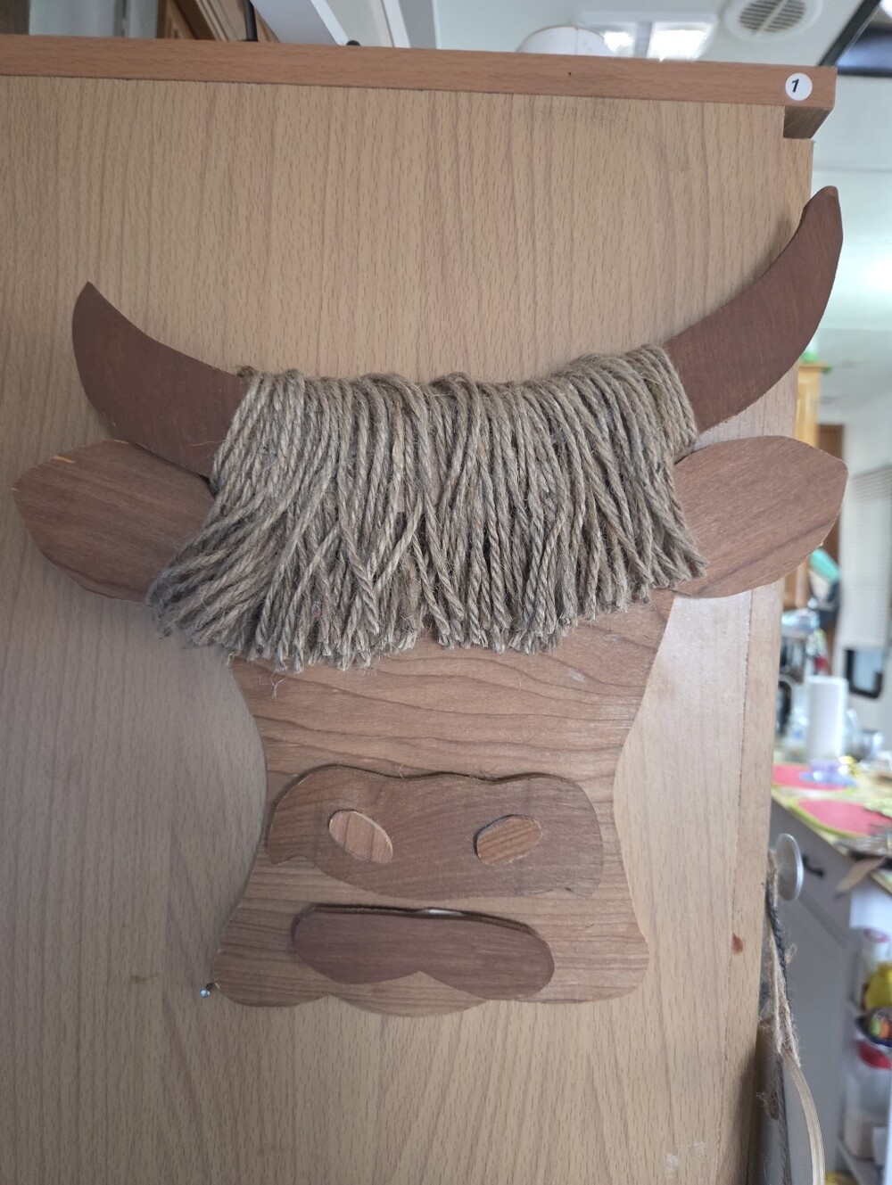 Wood  Brown Highland Cow Wall Hanging - Neutral Twine Mane Hand Made 12 X8.5